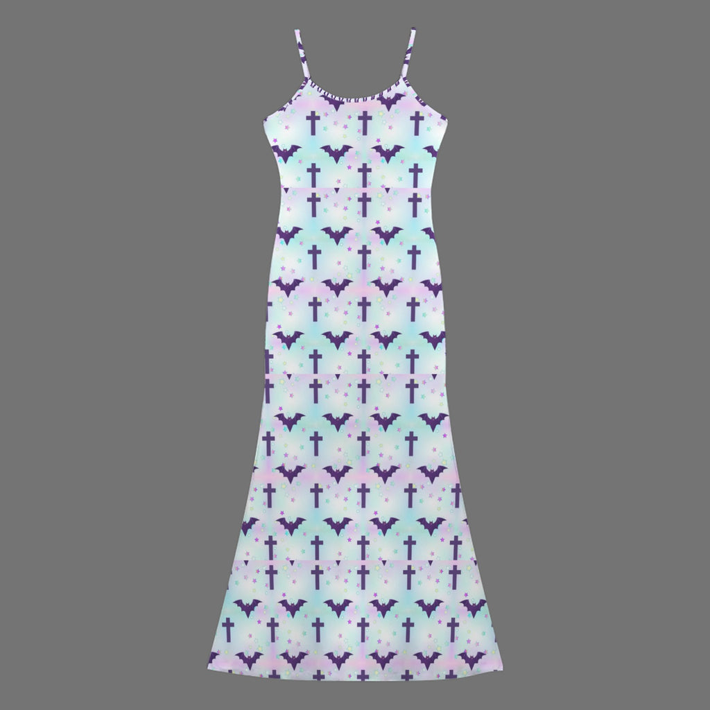 Gothic bats and crosses print long sleevless slip maxi dress