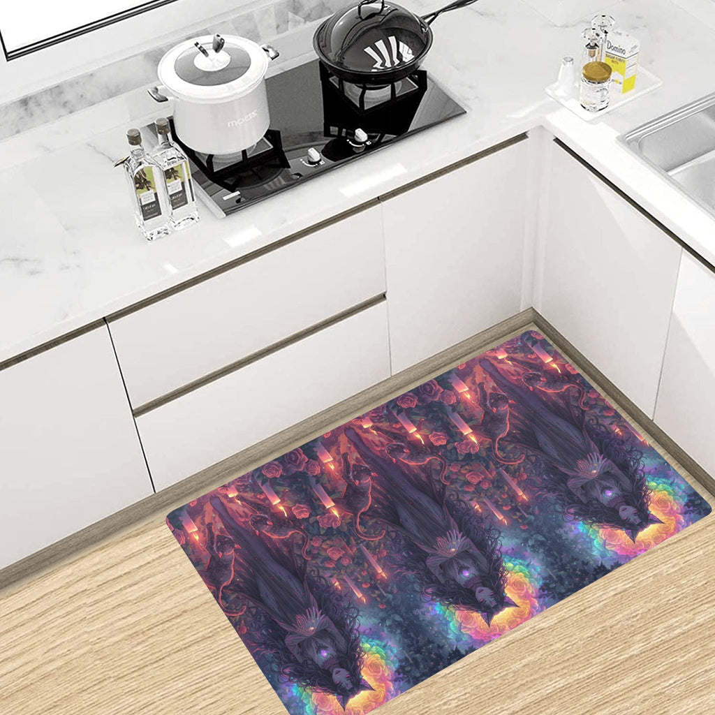“Ultra‑detailed hyper‑saturated rainbow illustration of Lilith with two glowing cats prowling at her feet in a candlelit enchanted garden, rainbow roses exploding in color, floating neon rainbow crystals, rain (15)