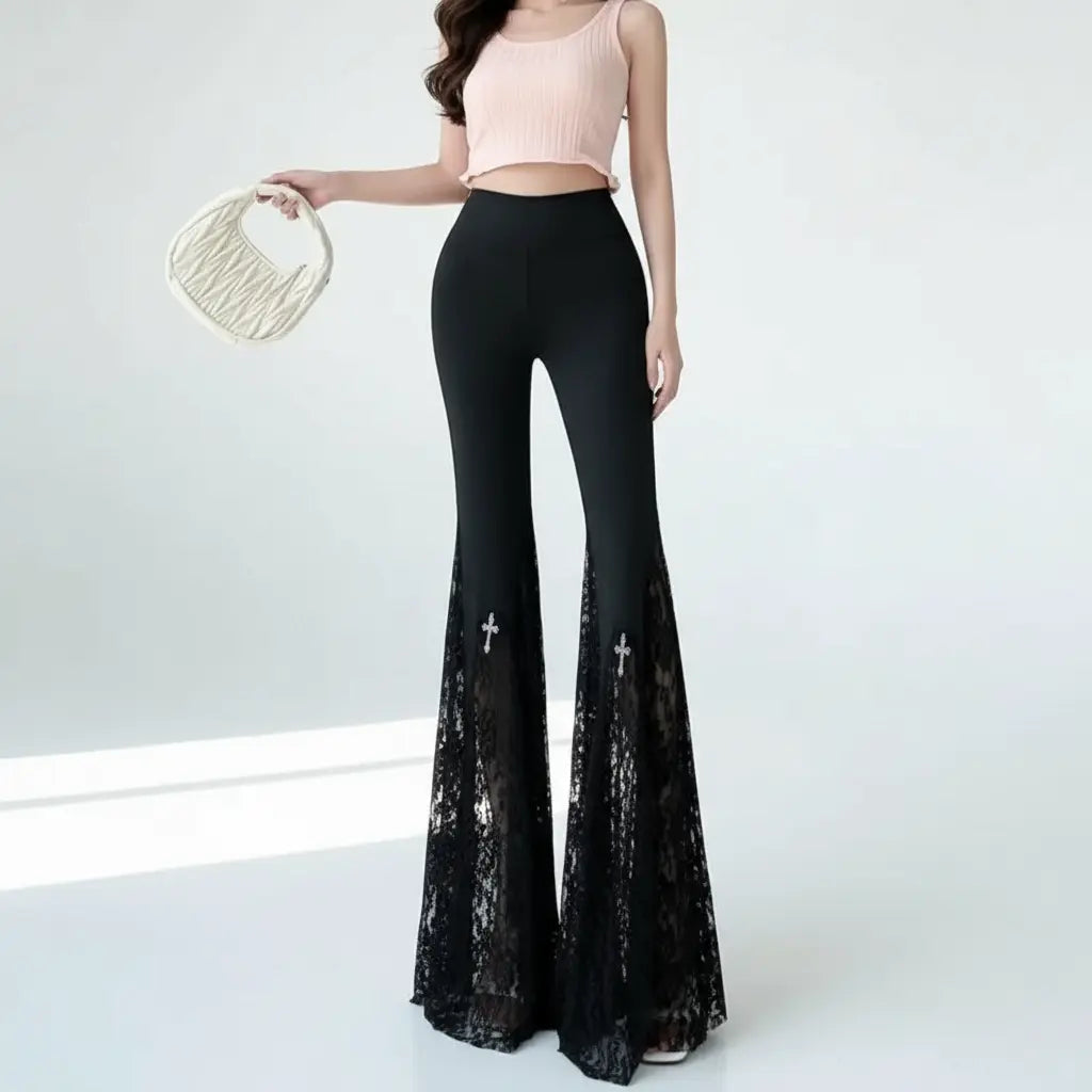 Gothic Black Lace Flare Pants - See-Through Mesh Trousers