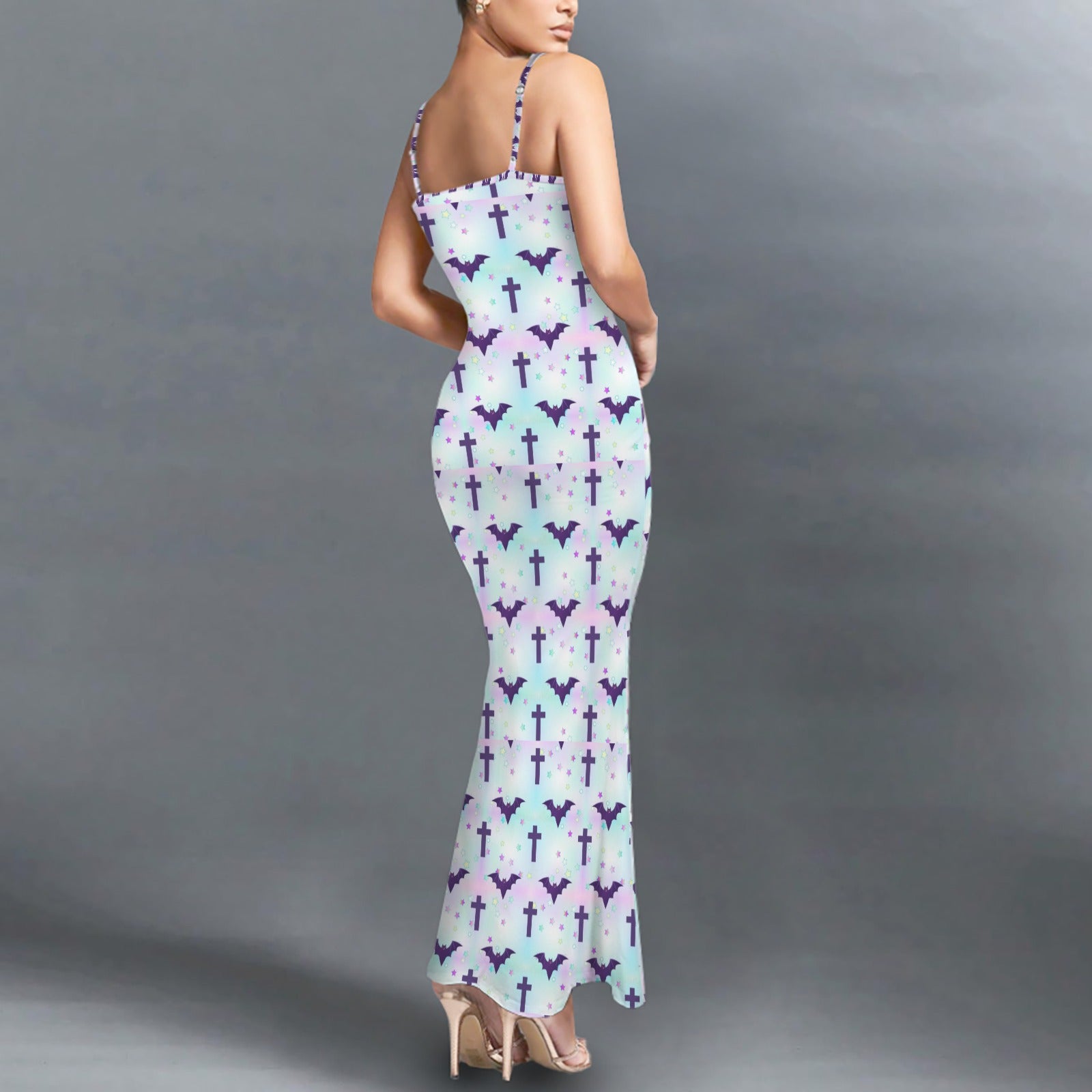 Gothic bats and crosses print long sleevless slip maxi dress