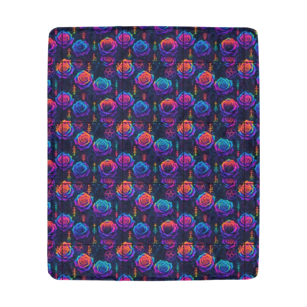 SSeamless repeating textile pattern, tessellated grid layout, rainbow tie-dye gradient roses layered