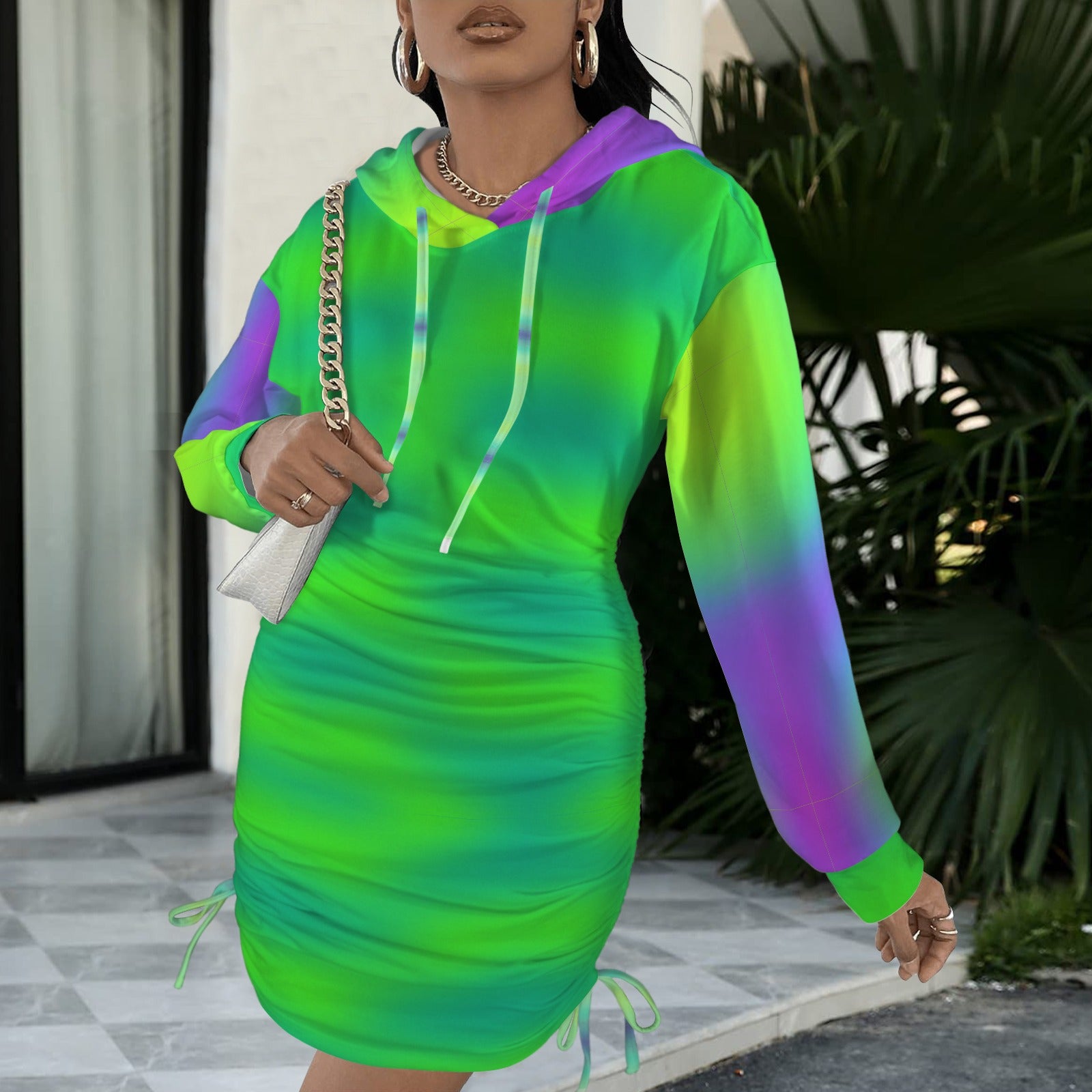 Trippy Green and purple Gradient Gothic Style Hoodie Dress