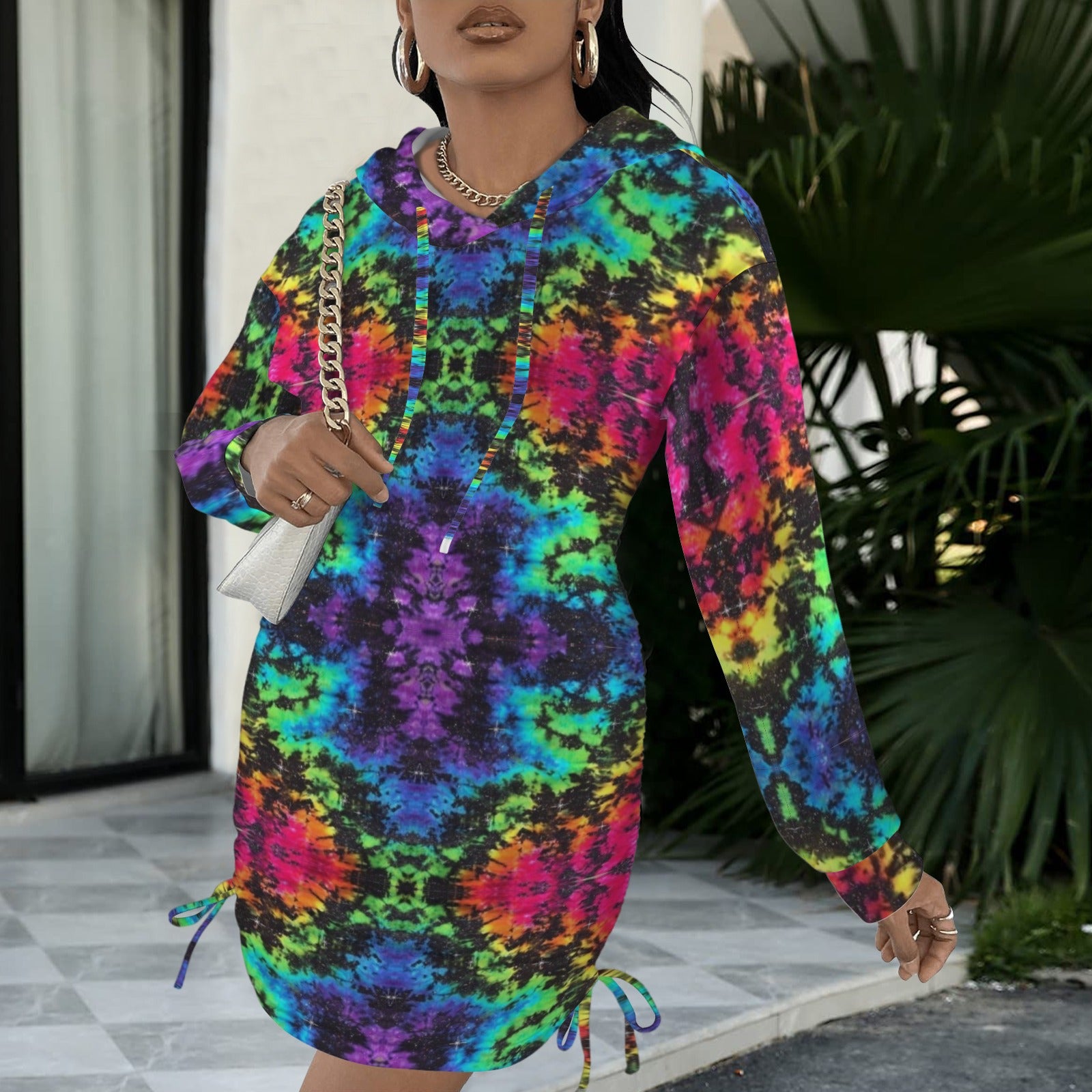 Neon Rainbow Tie-Dye Gothic Style Hoodie Dress