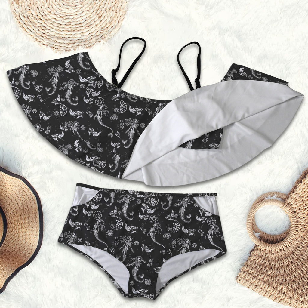 Gothic  mermaid skeleton Print 2 peice swim suit set
