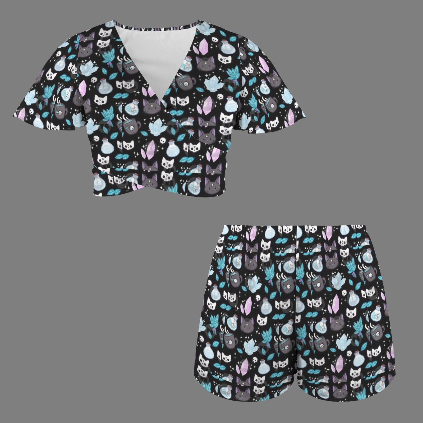 Gothic Cat and Crystal Two Peice Short Outfit Set
