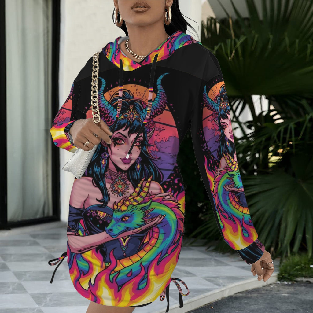 Trippy Rainbow Dragon Goddess Gothic Style Hoodie Dress 17