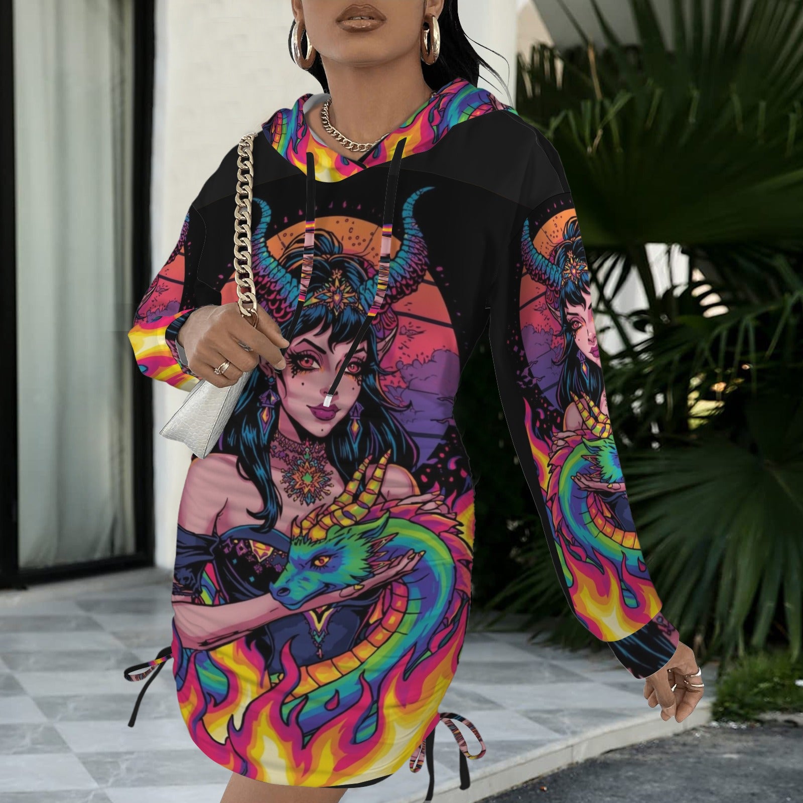 Trippy Rainbow Dragon Goddess Gothic Style Hoodie Dress 17