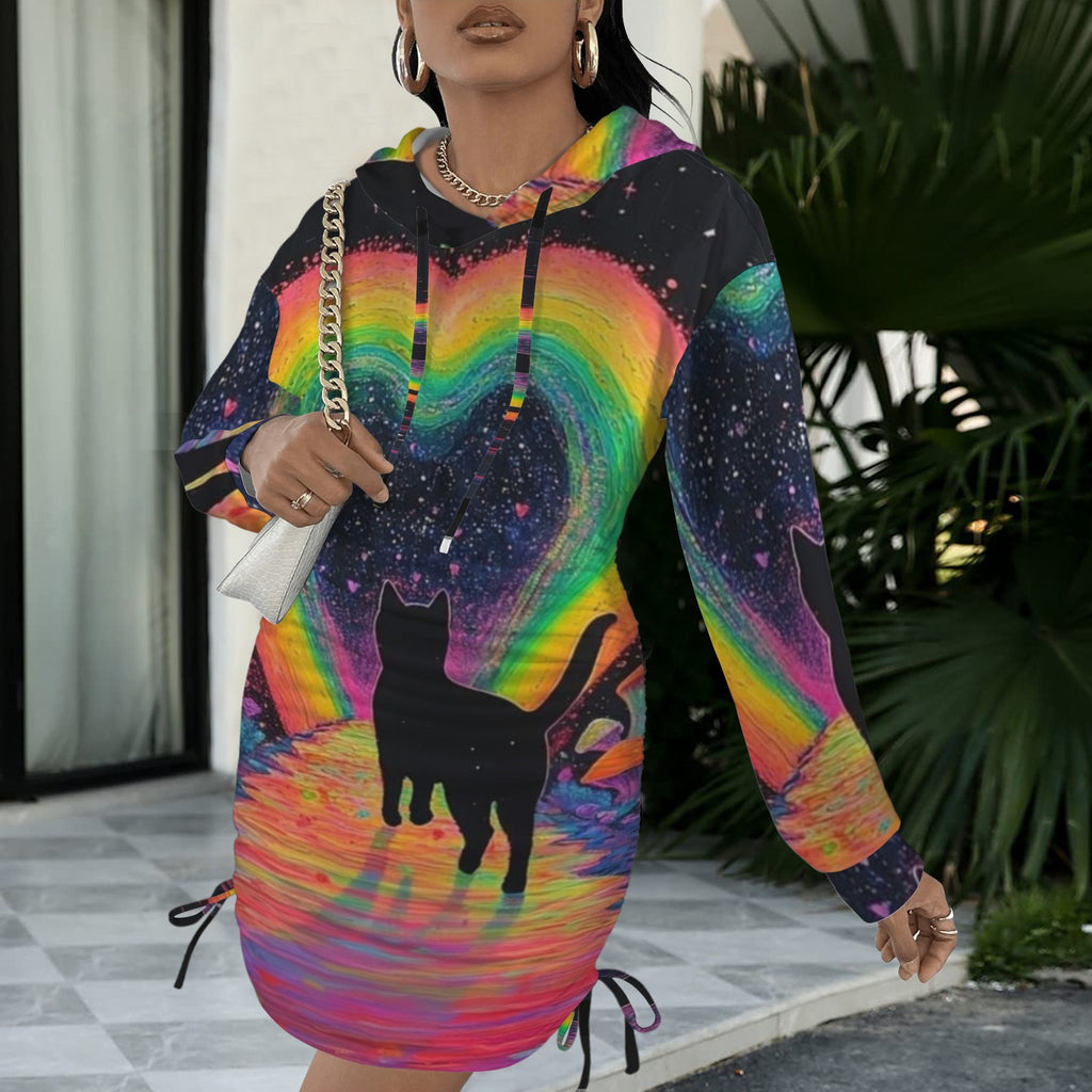 Trippy Rainbow  Back Cat Gothic Style Hoodie Dress