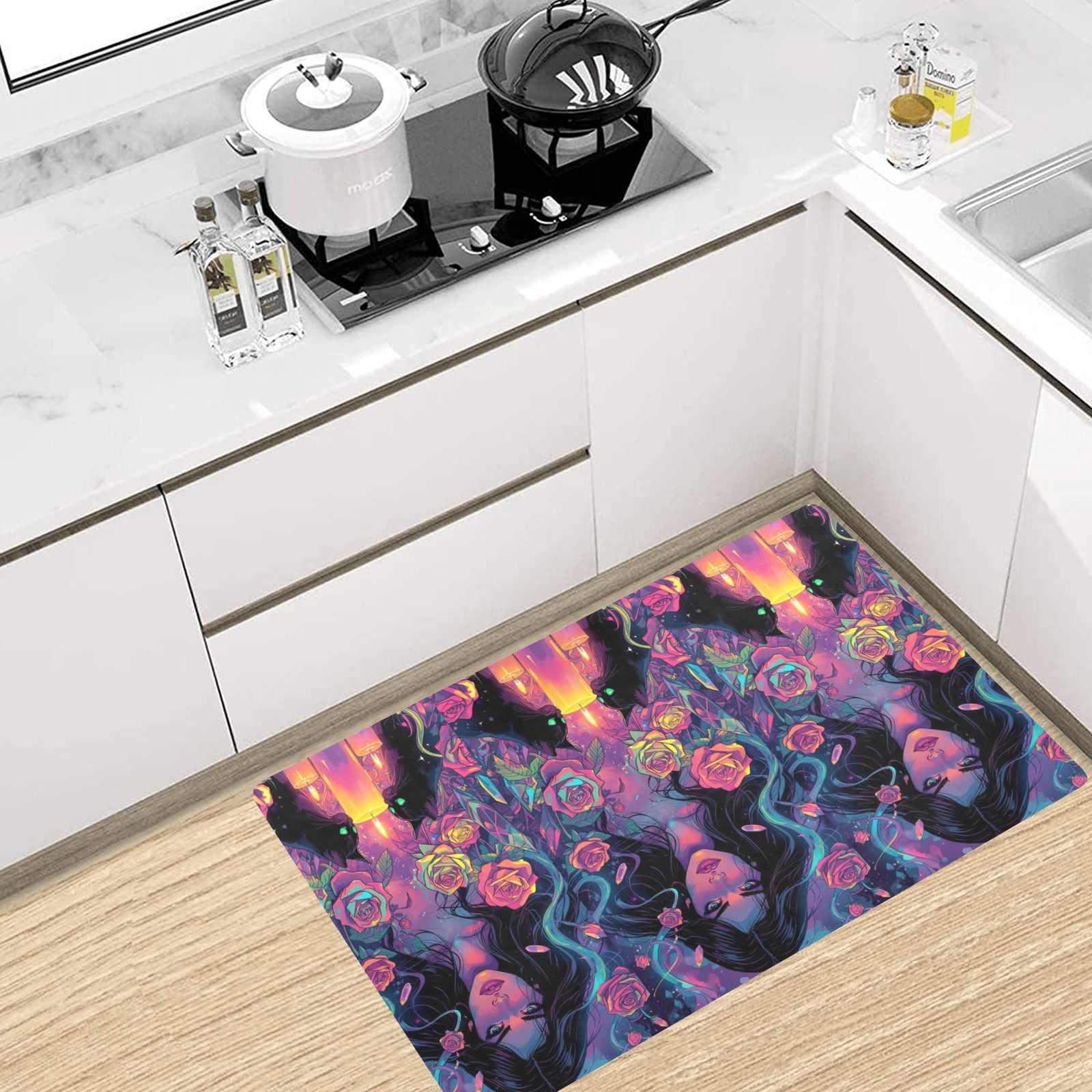 “Ultra‑detailed hyper‑saturated rainbow illustration of Lilith with two glowing cats prowling at her feet in a candlelit enchanted garden, rainbow roses exploding in color, floating neon rainbow crystals, rain (23)
