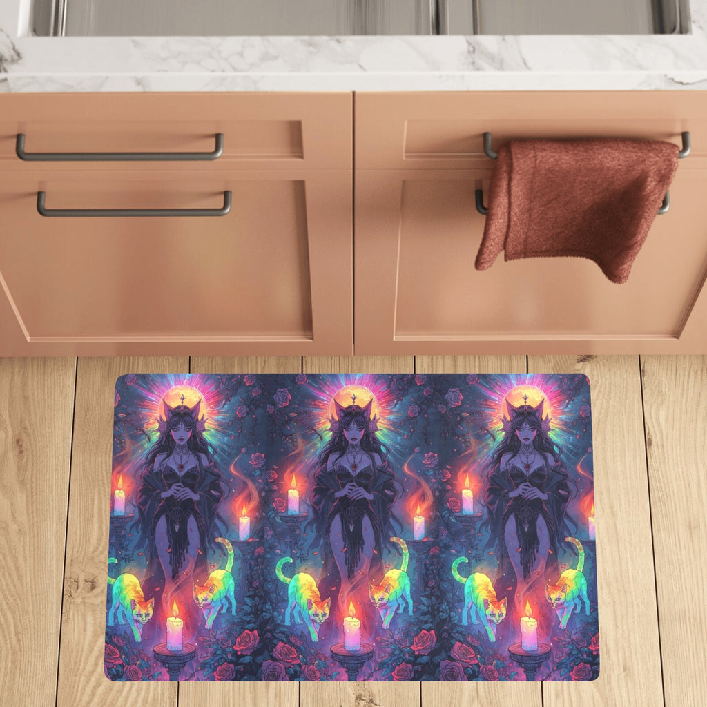 “Ultra‑detailed hyper‑saturated rainbow illustration of Lilith with two glowing cats prowling at her feet in a candlelit enchanted garden, rainbow roses exploding in color, floating neon rainbow crystals, rain (14)
