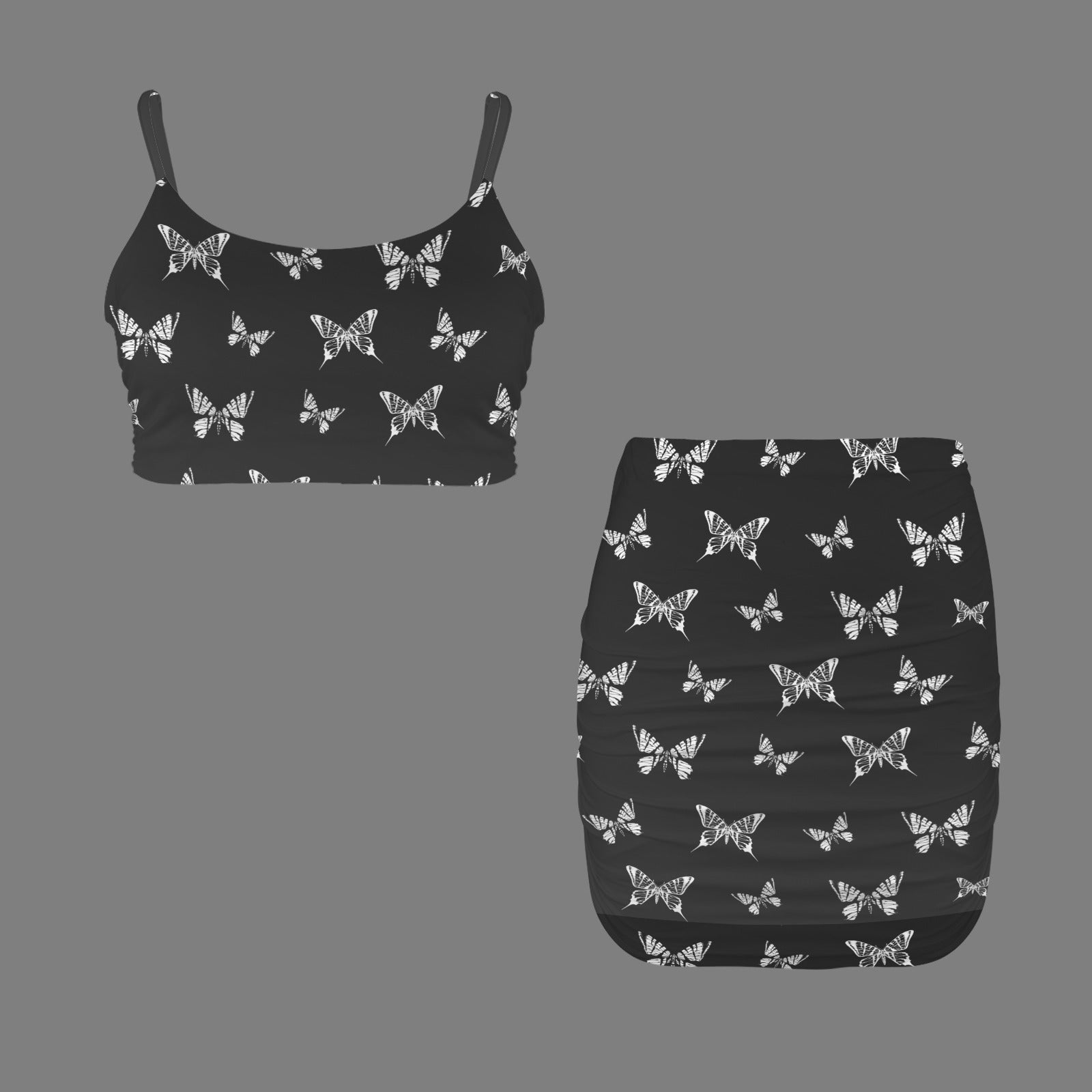 Women's Butterfly Print Cami Top & Ruched Bodycon Skirt Set