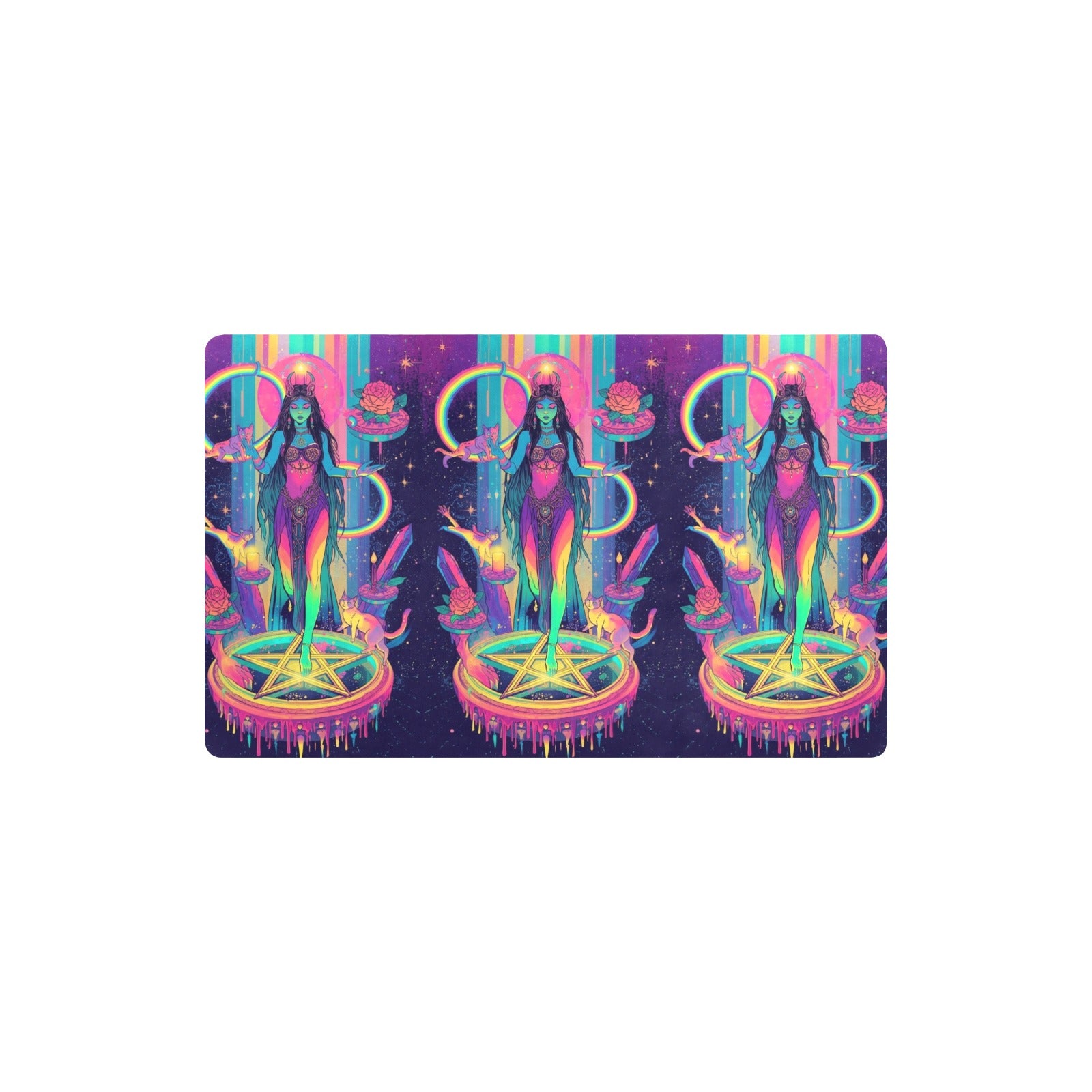 “Fluorescent rainbow Lilith performing a ritual on a floating rainbow pentagram, rainbow cats circling her in playful loops, candlelight reflected in neon rainbow crystals, rainbow roses sprouting from magical  (1)