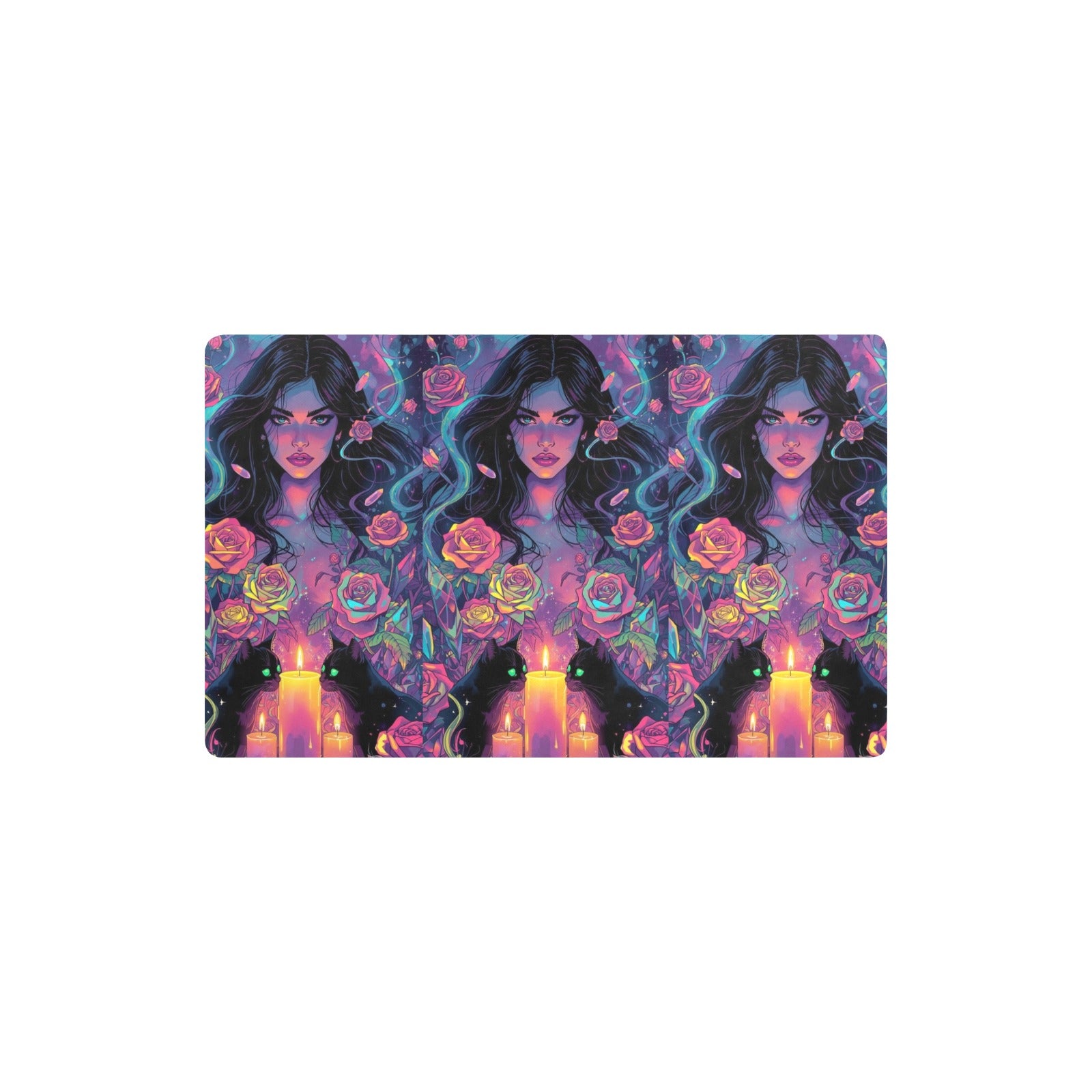 “Ultra‑detailed hyper‑saturated rainbow illustration of Lilith with two glowing cats prowling at her feet in a candlelit enchanted garden, rainbow roses exploding in color, floating neon rainbow crystals, rain (23)