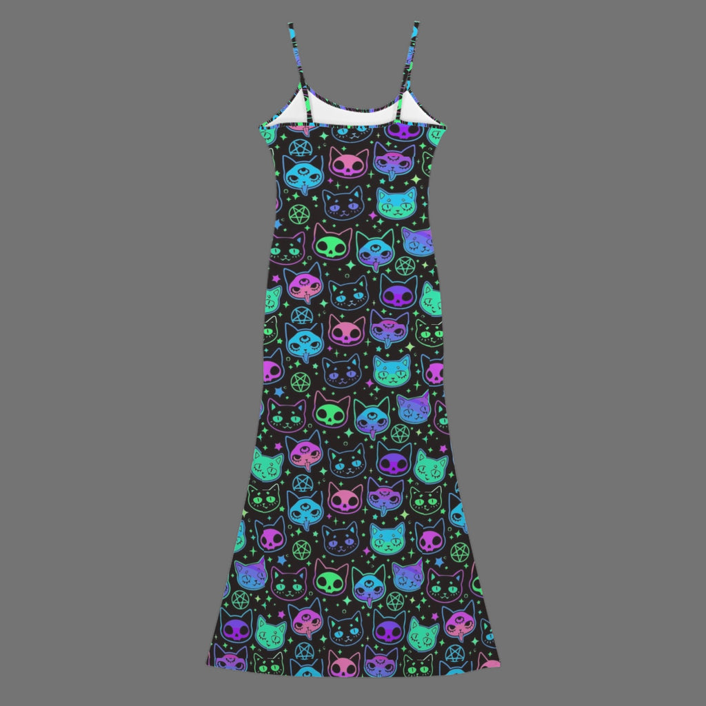 Gothic neon cat skull print long sleevless slip maxi dress