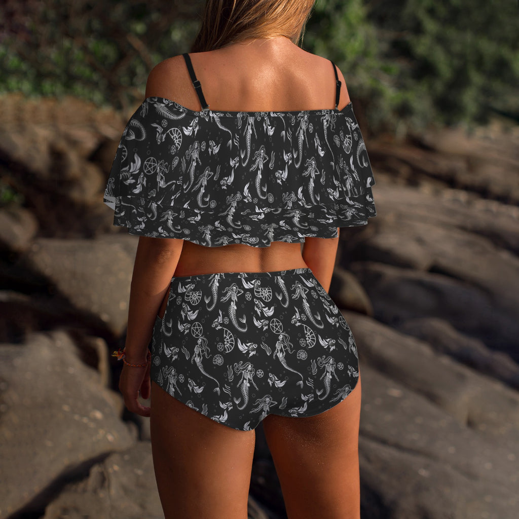 Gothic  mermaid skeleton Print 2 peice swim suit set