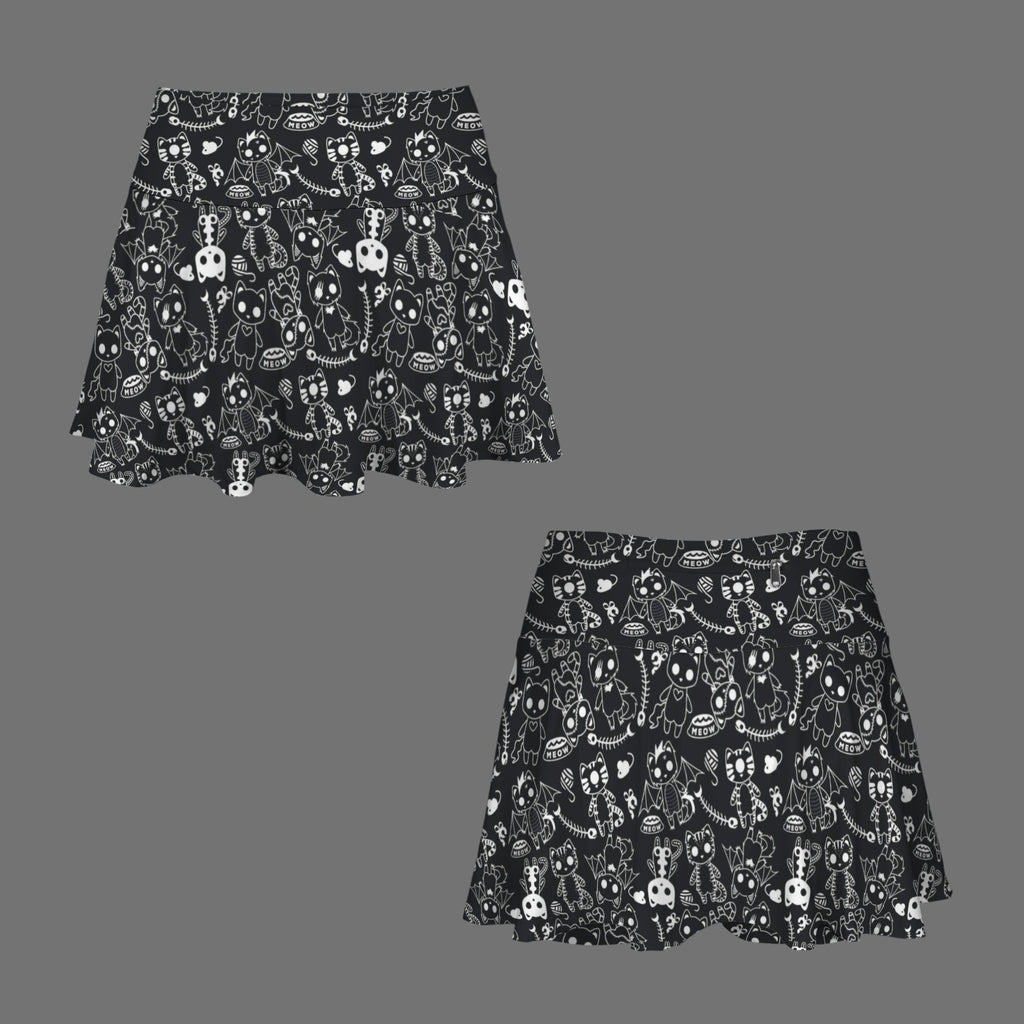 Gothic Street Skeletal Kitty Print Pleated Mini Skort