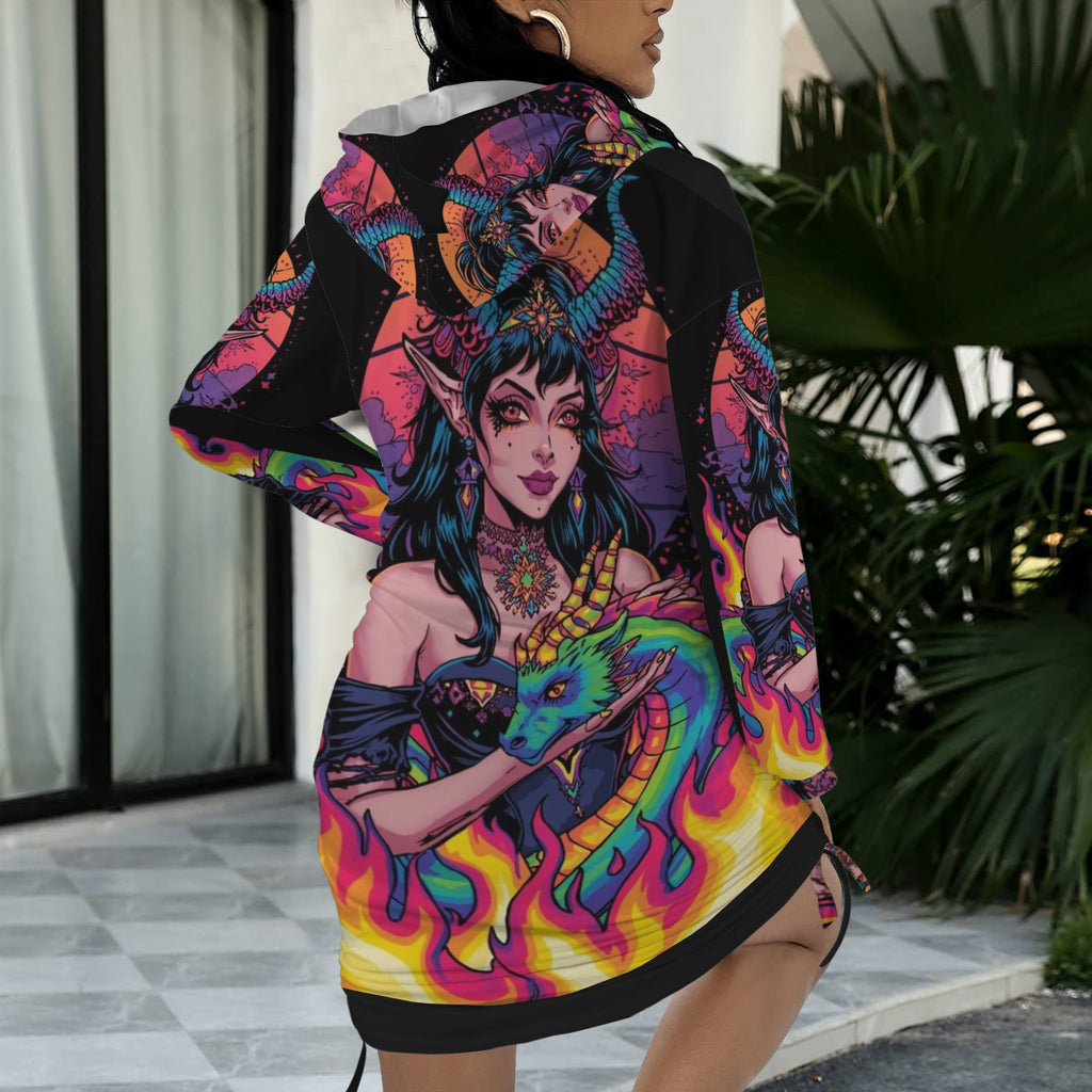 Trippy Rainbow Dragon Goddess Gothic Style Hoodie Dress 17