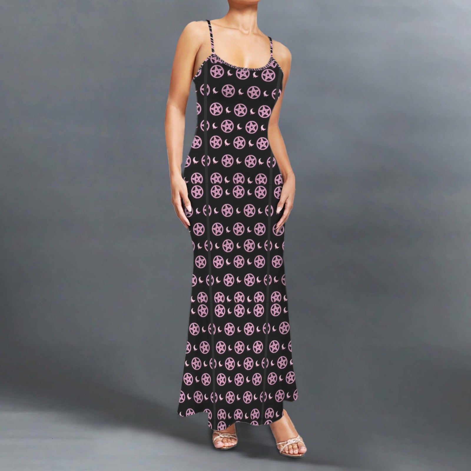 Gothic pentagram print long sleevless slip maxi dress