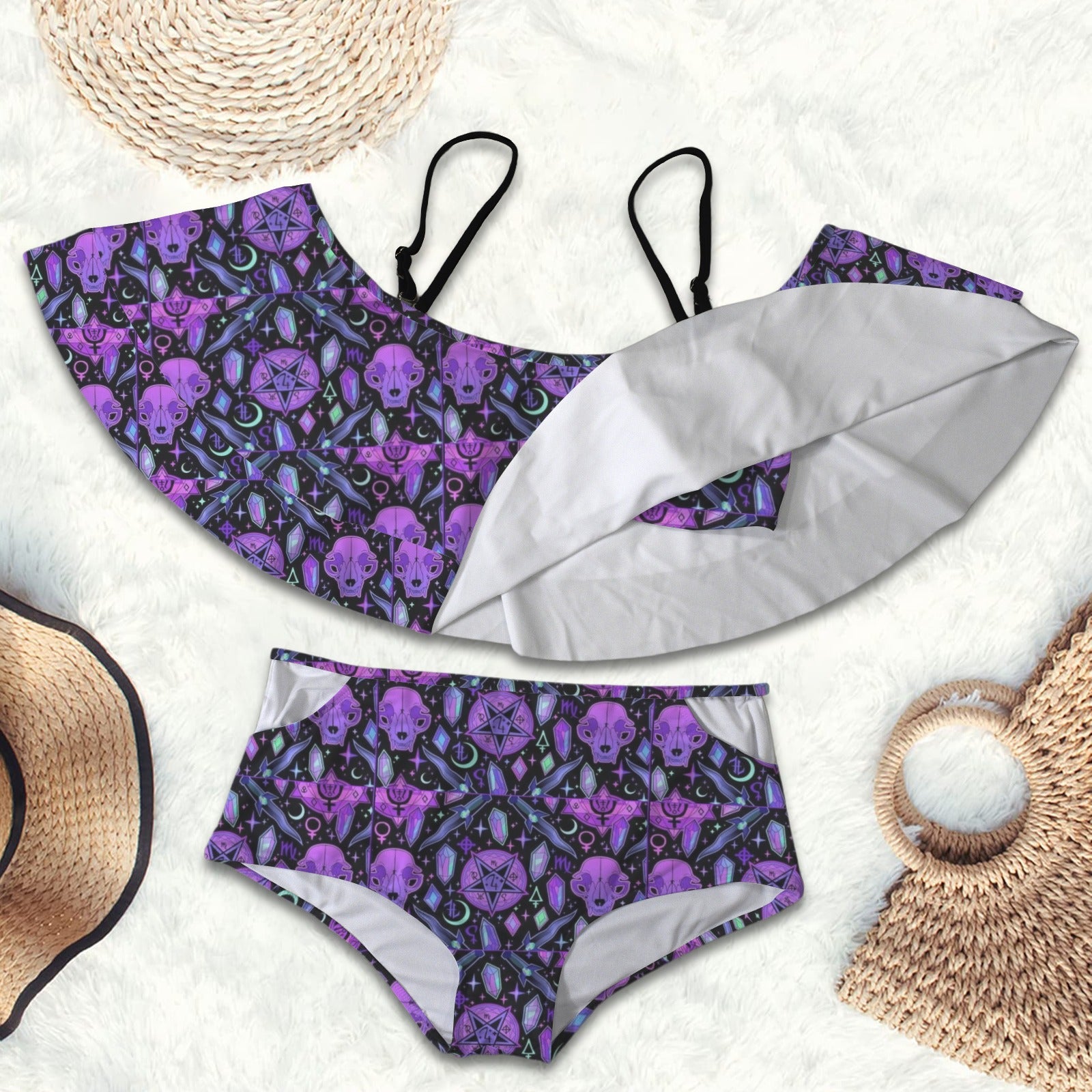 Gothic cat skull crystal  Print 2 peice swim suit set