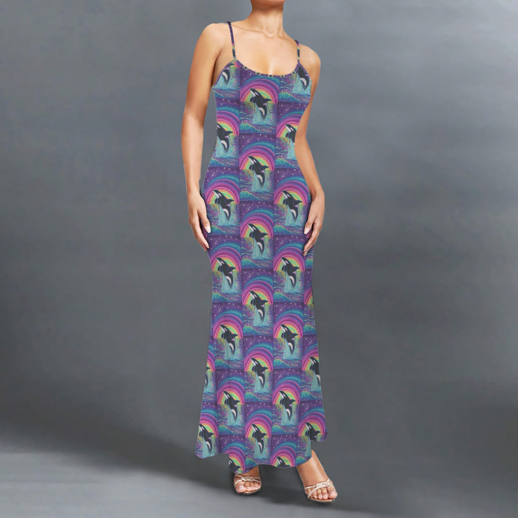 Gothic neon orcha print long sleevless slip maxi dress