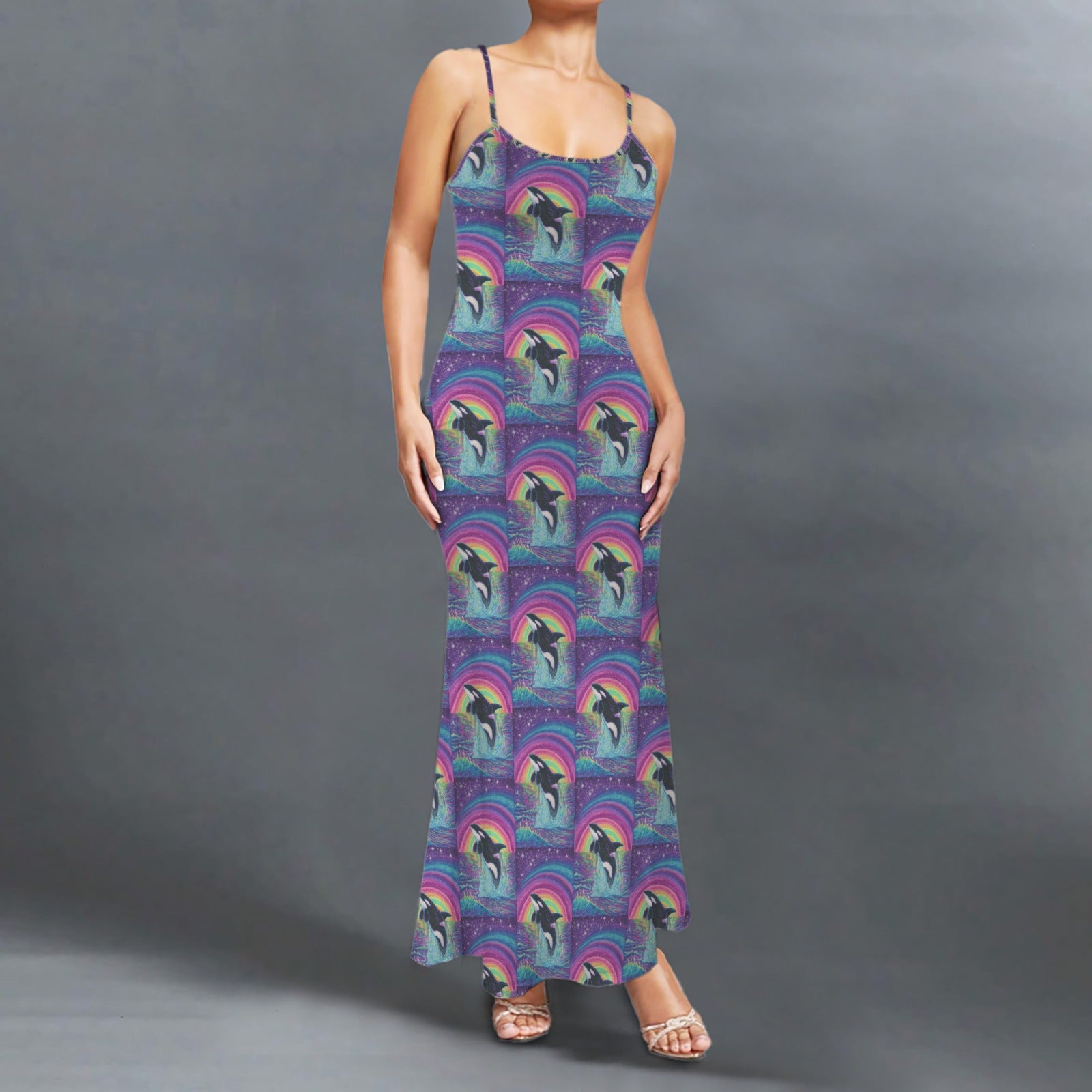 Gothic neon orcha print long sleevless slip maxi dress