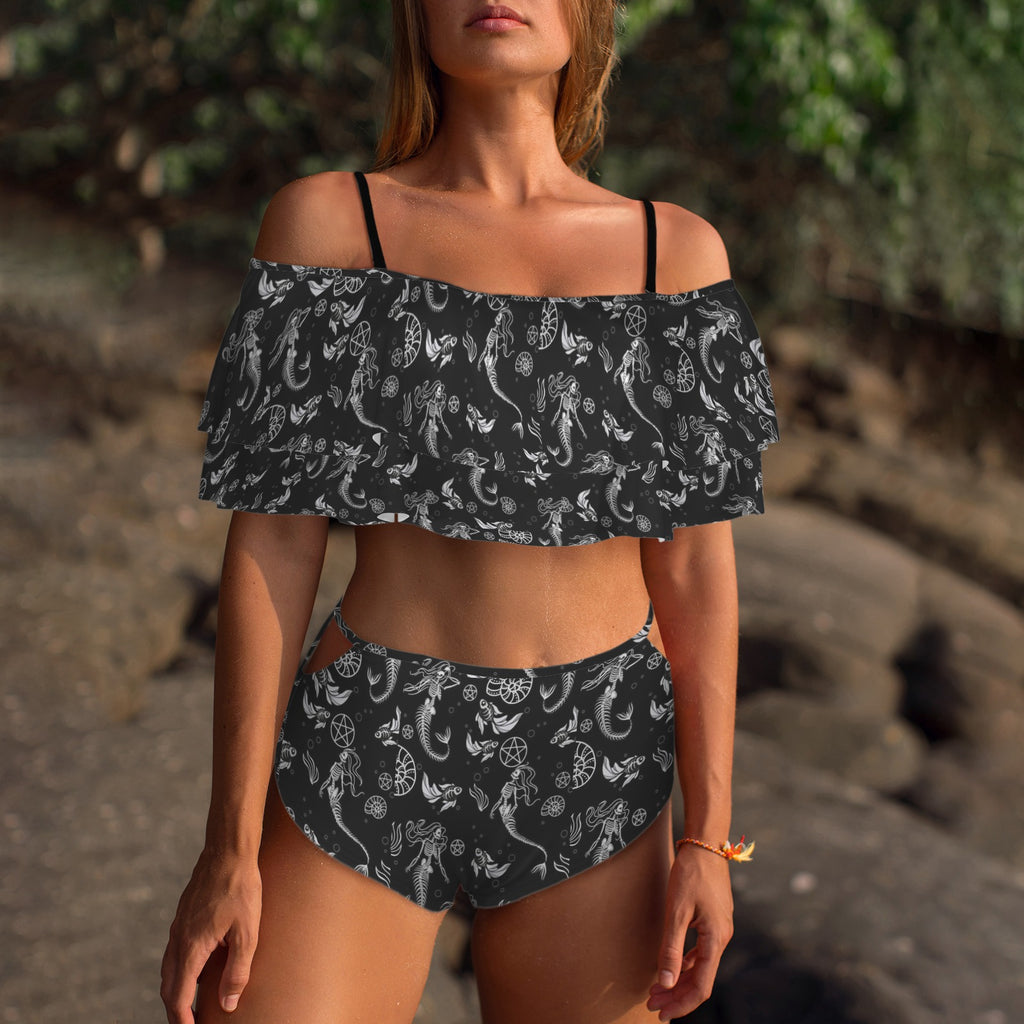 Gothic  mermaid skeleton Print 2 peice swim suit set