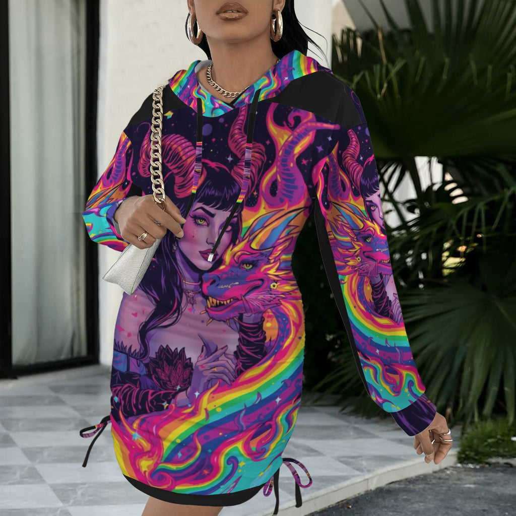 Trippy Rainbow Dragon Goddess Gothic Style Hoodie Dress 18