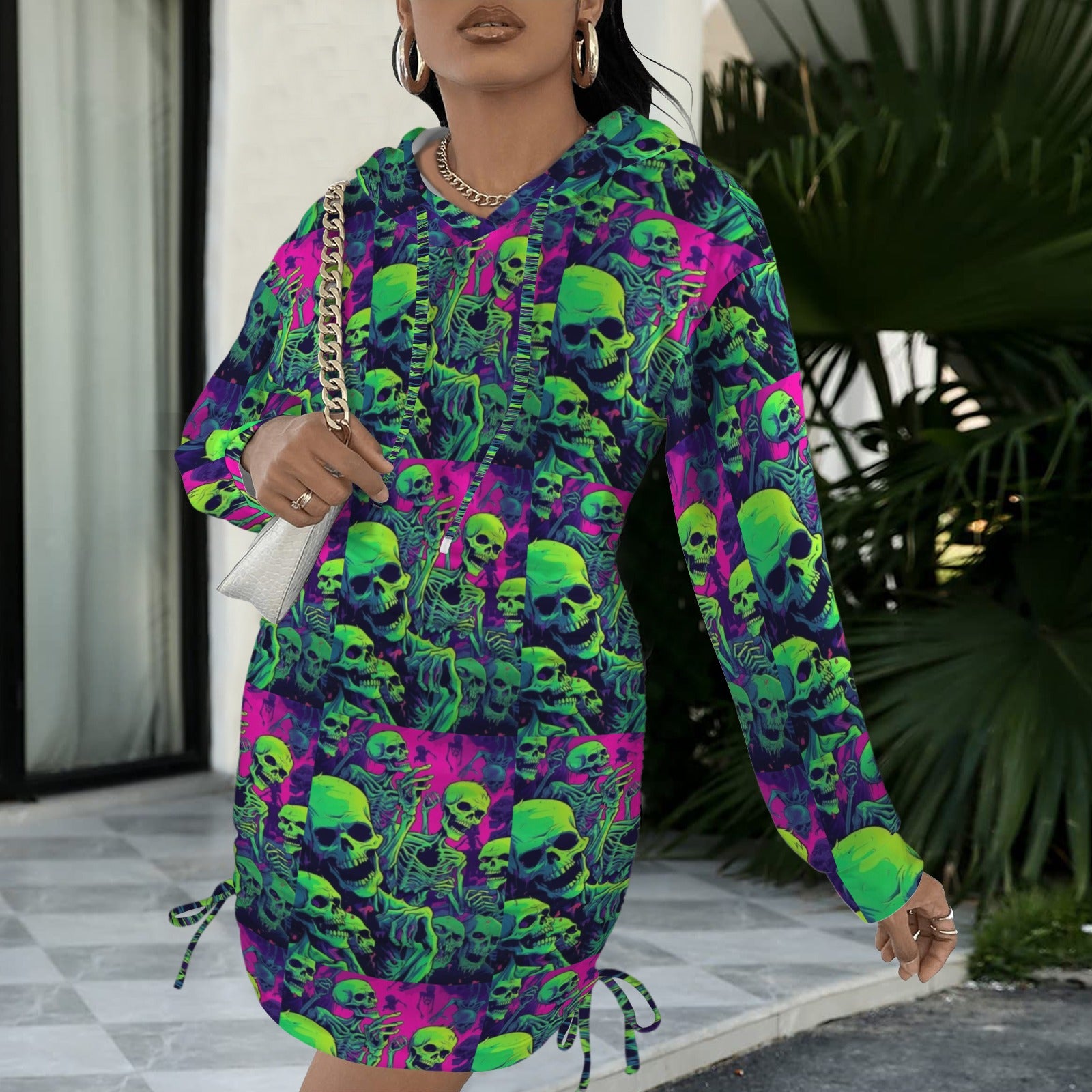 Pink and Green Skulls Gothic Style Hoodie Dress 1