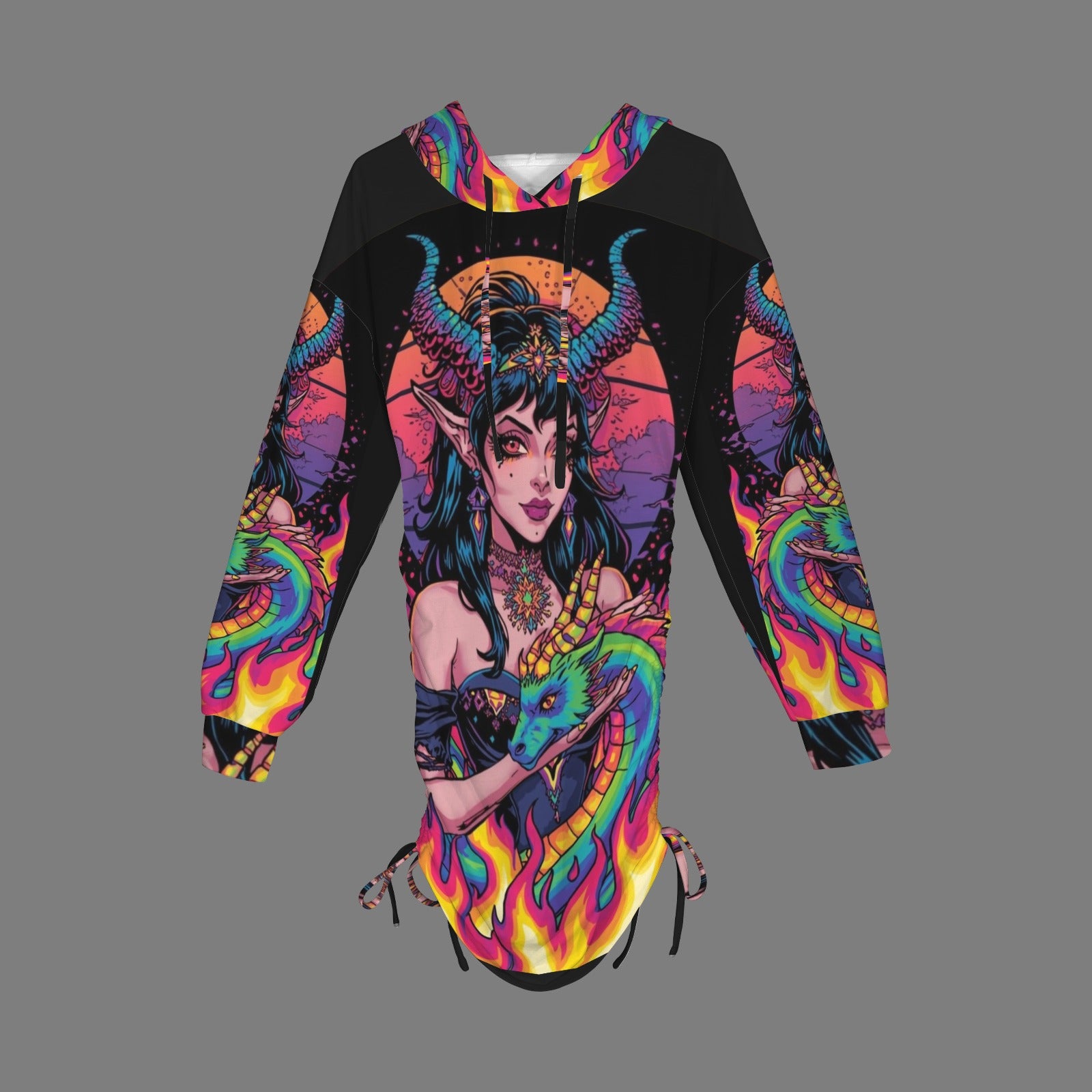 Trippy Rainbow Dragon Goddess Gothic Style Hoodie Dress 17