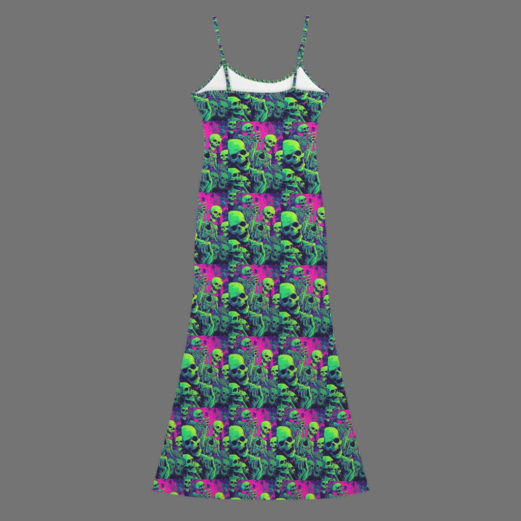 Gothic neon skull print long sleevless slip maxi dress