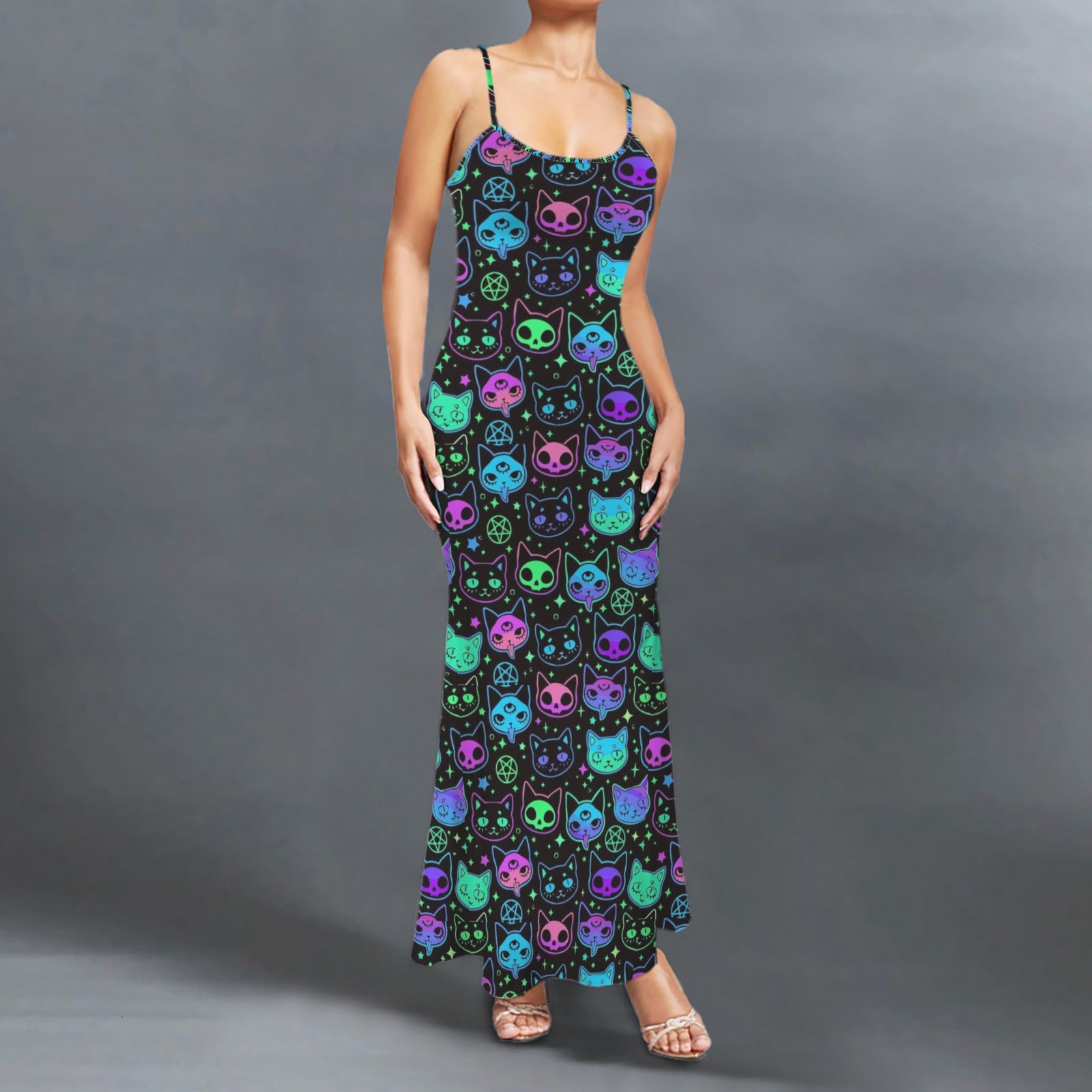 Gothic neon cat skull print long sleevless slip maxi dress