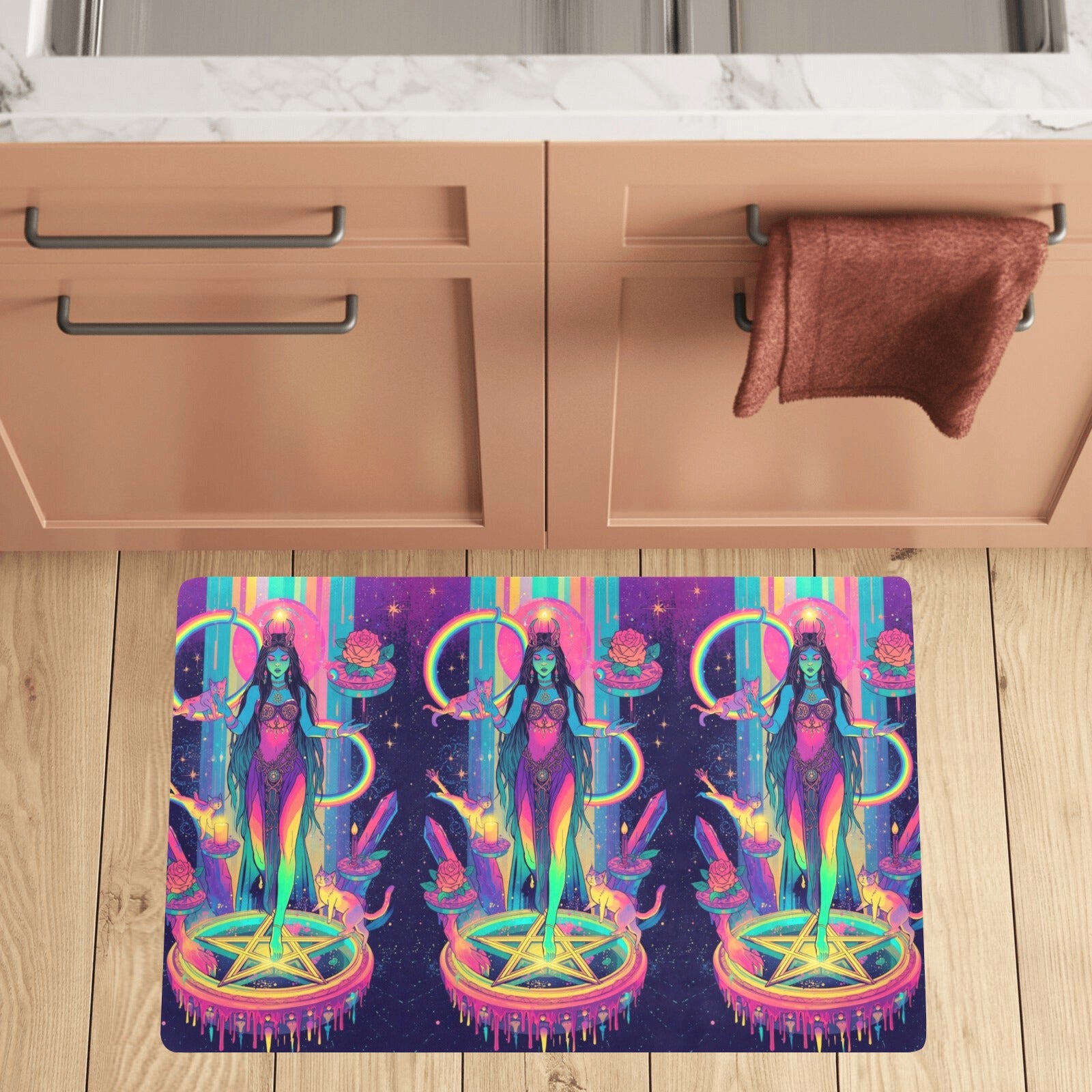 “Fluorescent rainbow Lilith performing a ritual on a floating rainbow pentagram, rainbow cats circling her in playful loops, candlelight reflected in neon rainbow crystals, rainbow roses sprouting from magical  (1)
