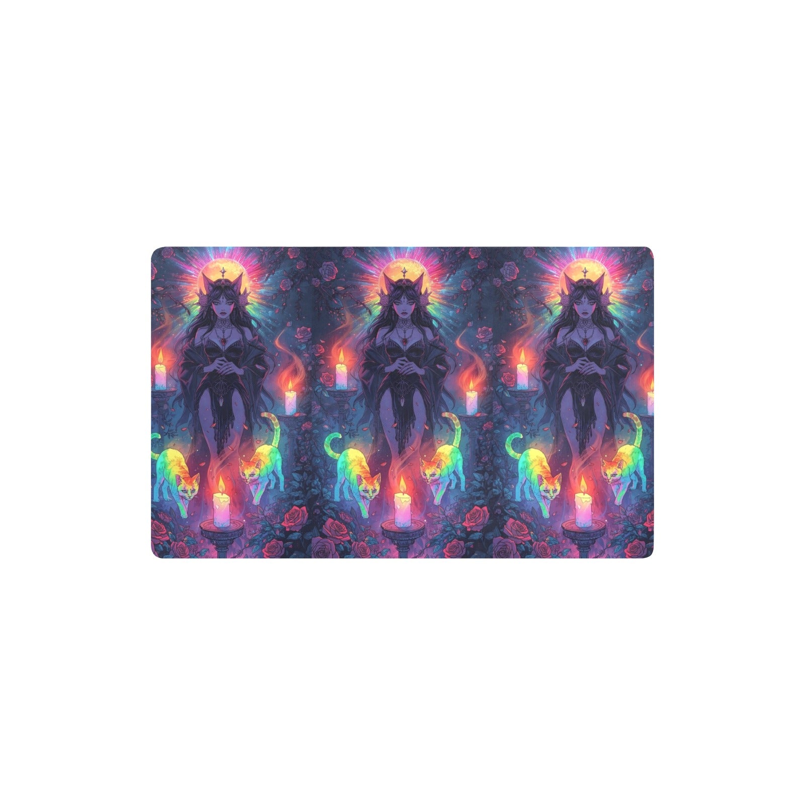 “Ultra‑detailed hyper‑saturated rainbow illustration of Lilith with two glowing cats prowling at her feet in a candlelit enchanted garden, rainbow roses exploding in color, floating neon rainbow crystals, rain (14)