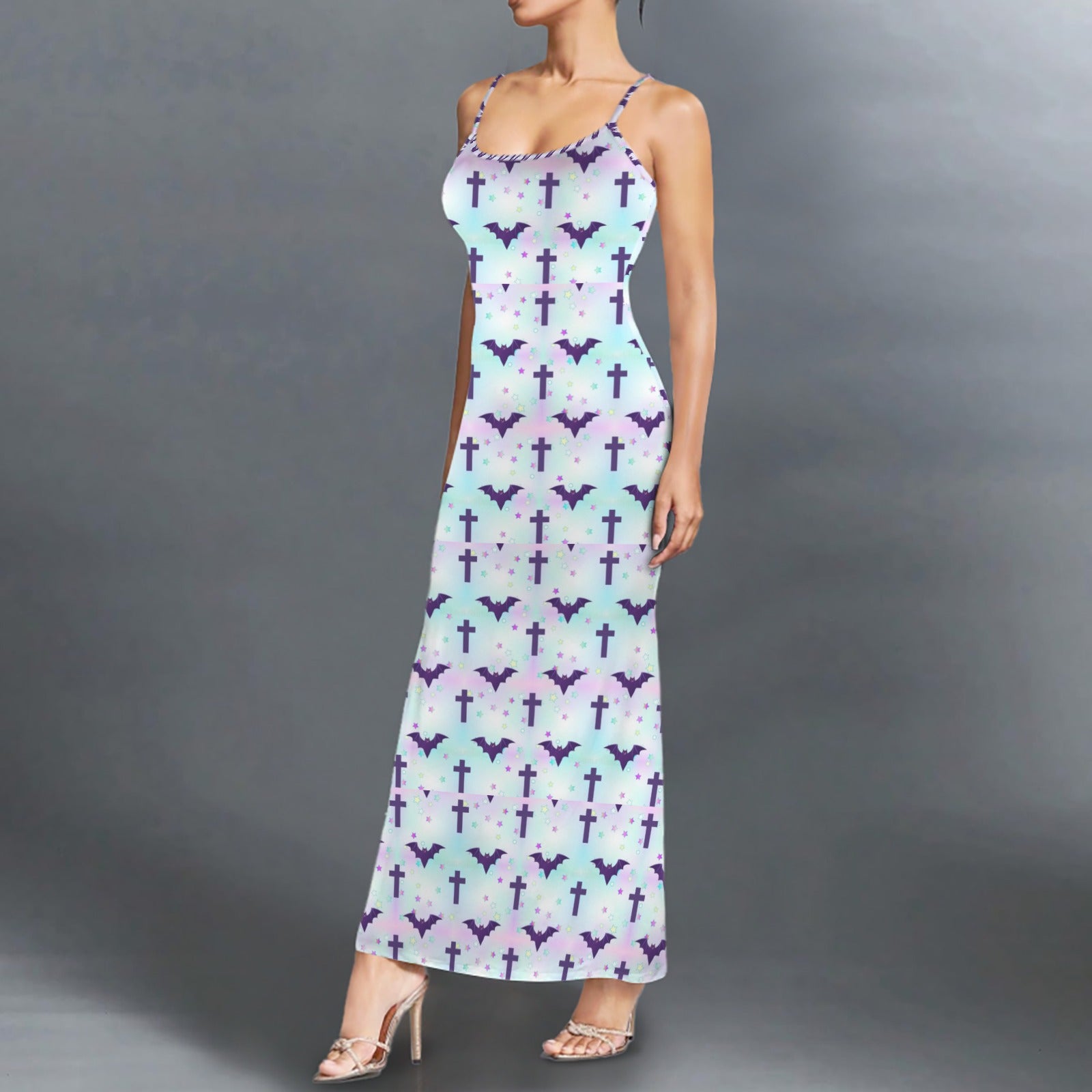 Gothic bats and crosses print long sleevless slip maxi dress