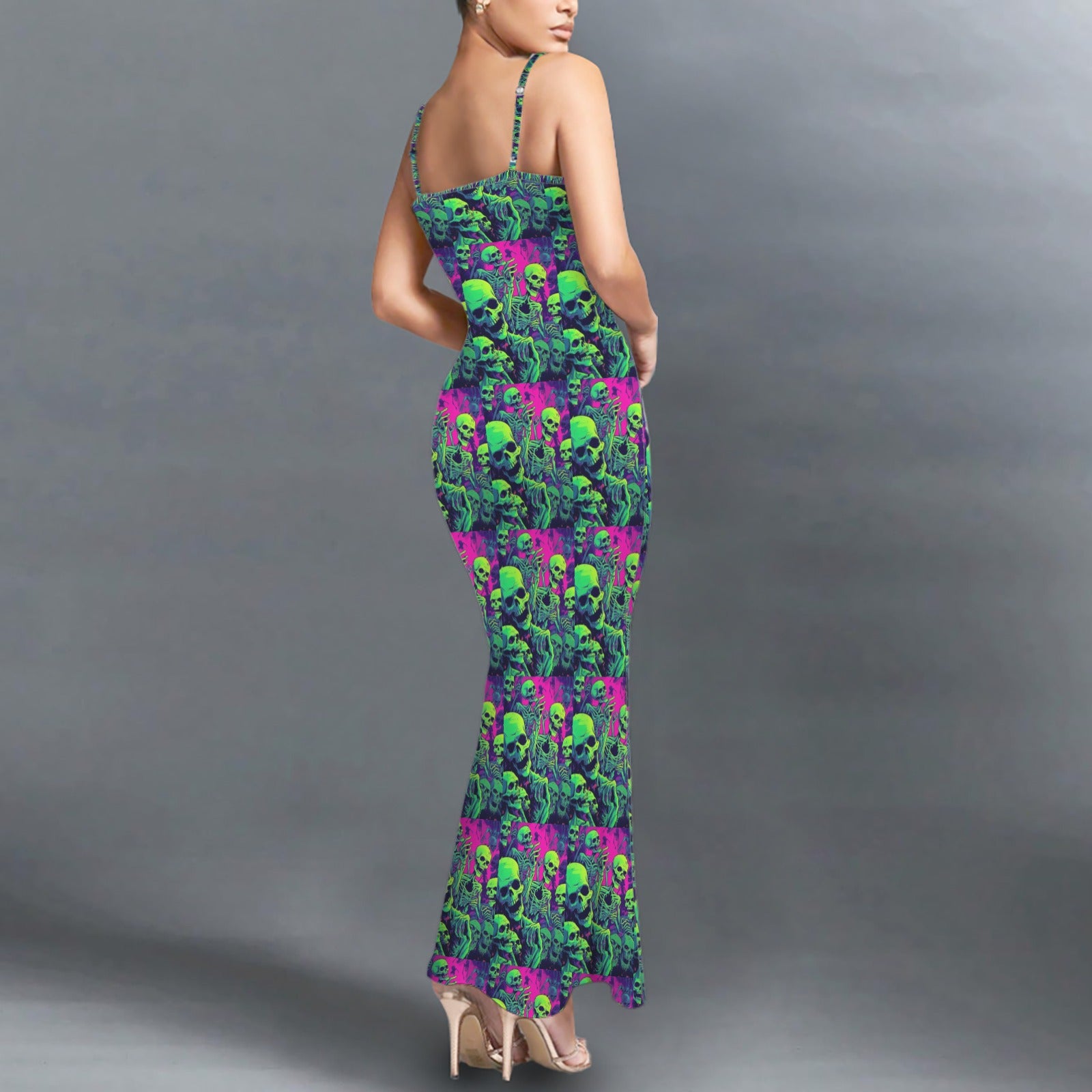 Gothic neon skull print long sleevless slip maxi dress