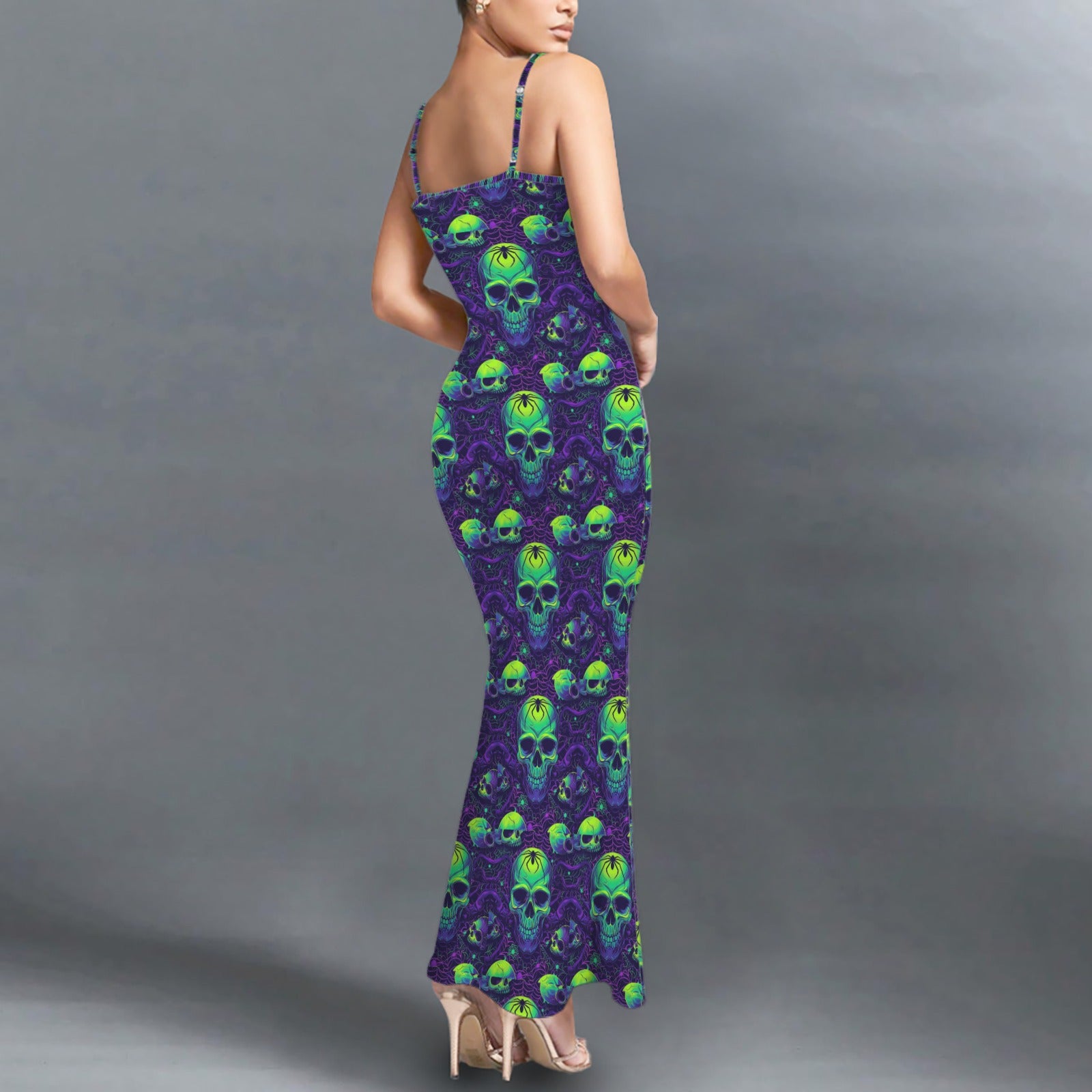 Gothic neon skull print long sleevless slip maxi dress