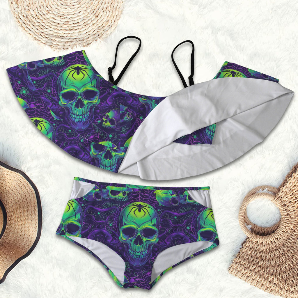 Gothicneon skulls Print 2 peice swim suit set