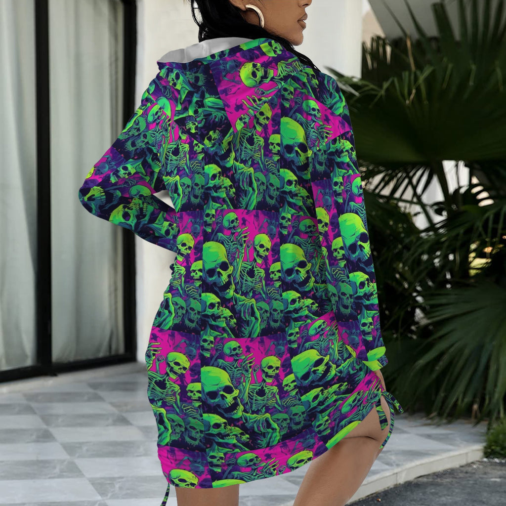 Pink and Green Skulls Gothic Style Hoodie Dress 1