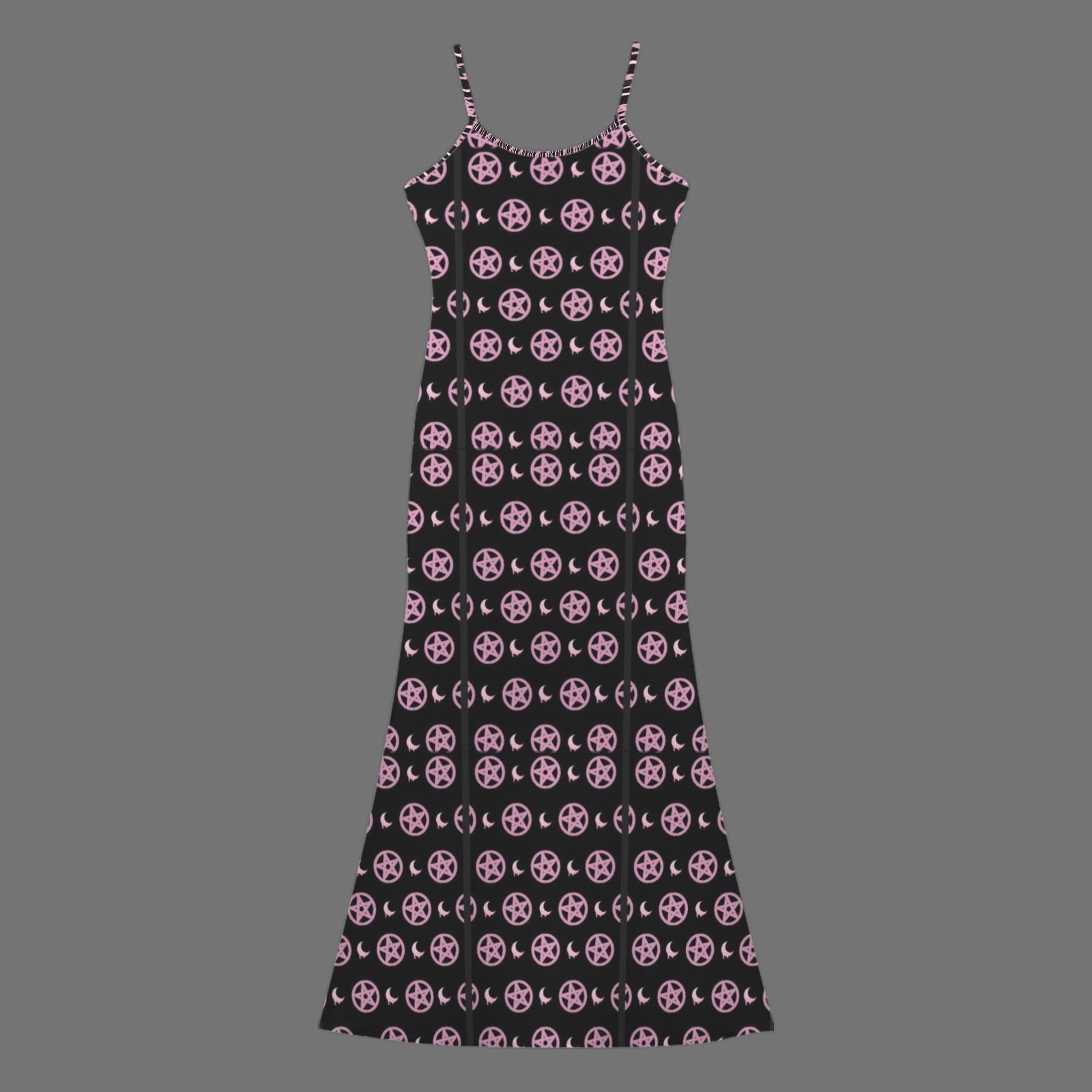 Gothic pentagram print long sleevless slip maxi dress